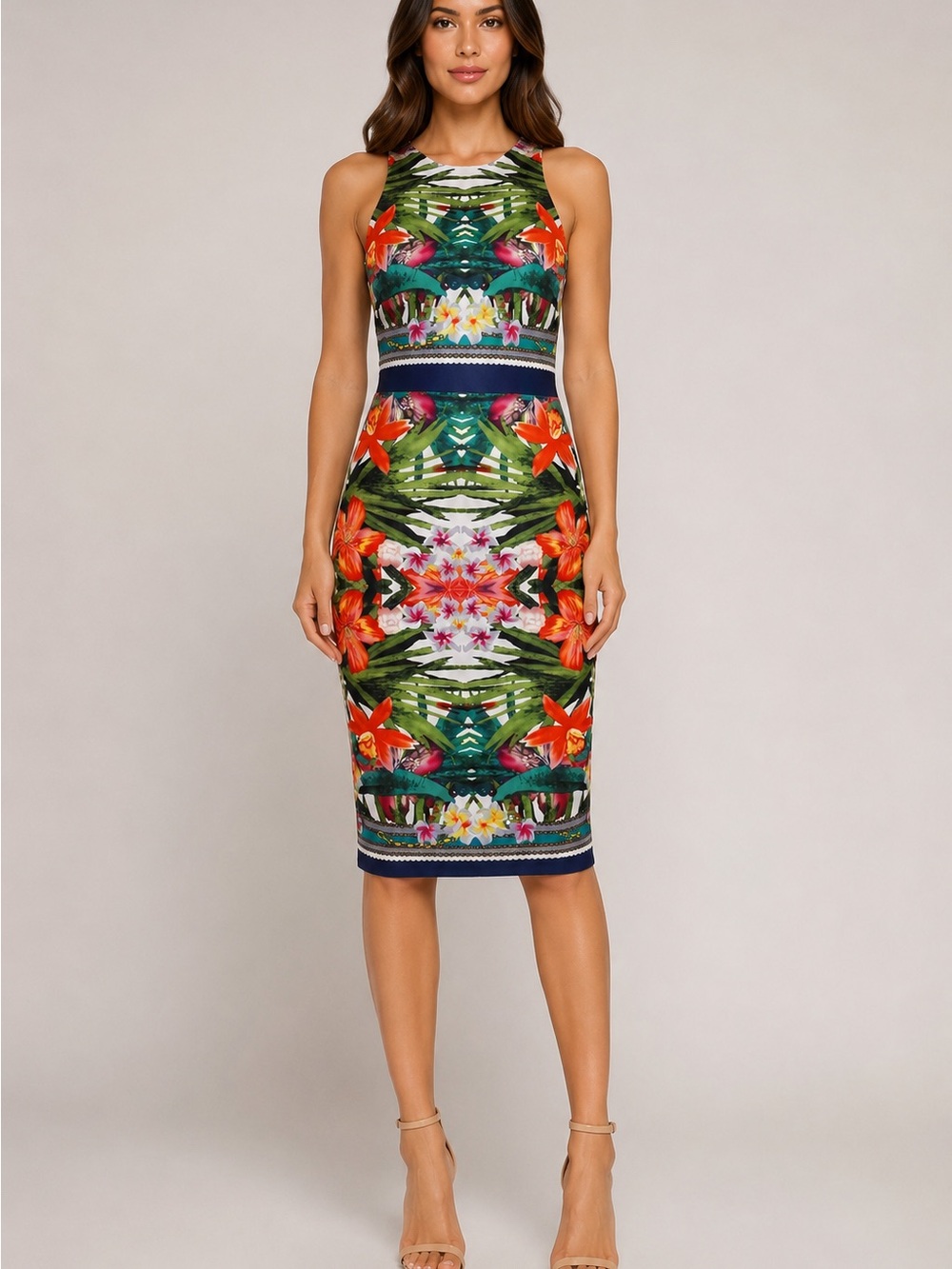 New York & Company Tropical Floral Midi Sheath Dress XS Resort Vacation Bodycon